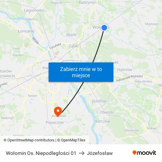 Wołomin Os. Niepodległości to Józefosław map