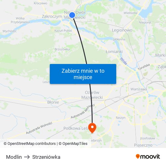 Modlin to Strzeniówka map