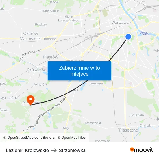 Łazienki Królewskie to Strzeniówka map