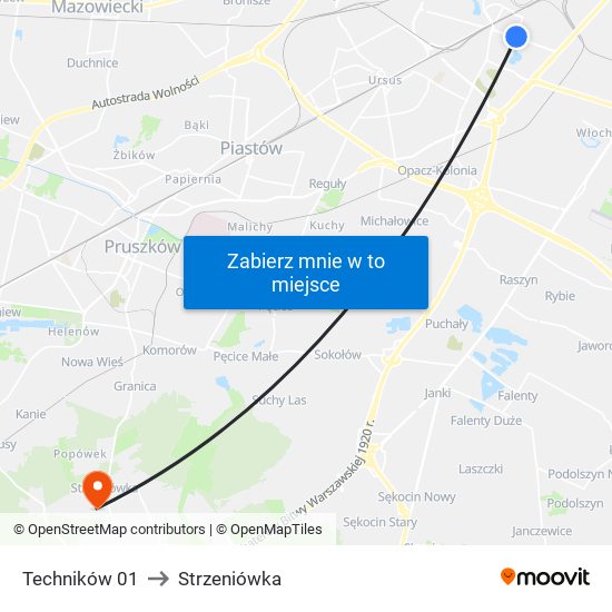 Techników to Strzeniówka map