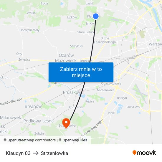 Klaudyn to Strzeniówka map