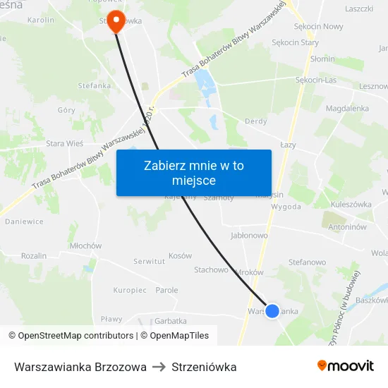 Warszawianka Brzozowa to Strzeniówka map