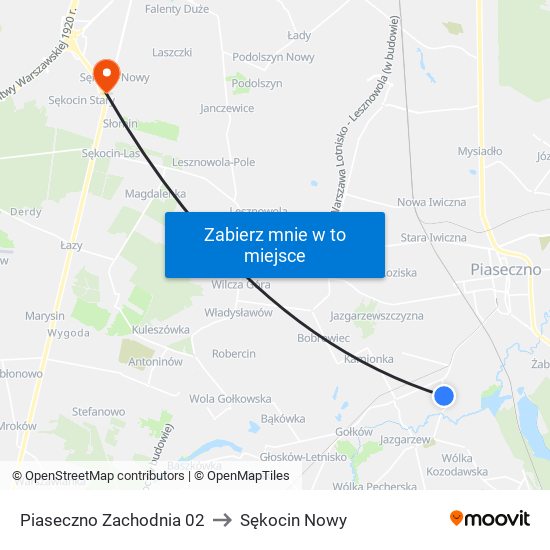 Piaseczno Zachodnia 02 to Sękocin Nowy map