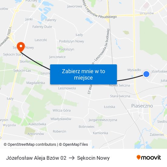 Józefosław Aleja Bzów to Sękocin Nowy map