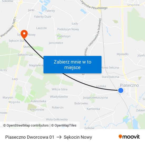 Piaseczno Dworcowa to Sękocin Nowy map