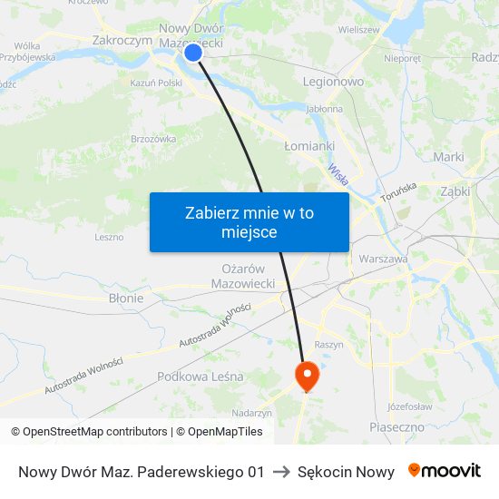 Nowy Dwór Maz. Paderewskiego 01 to Sękocin Nowy map