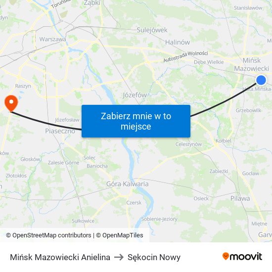 Mińsk Mazowiecki Anielina to Sękocin Nowy map