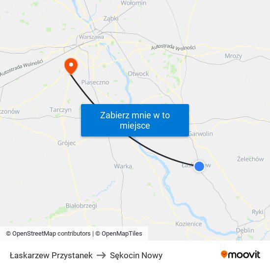 Łaskarzew Przystanek to Sękocin Nowy map