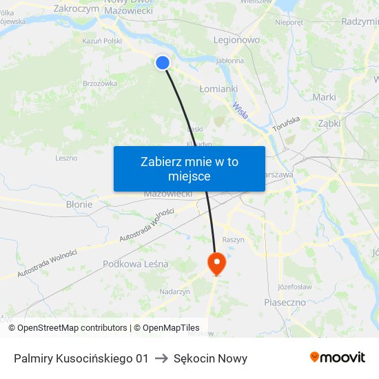 Palmiry Kusocińskiego 01 to Sękocin Nowy map