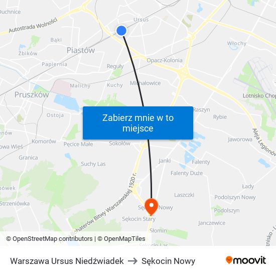 Warszawa Ursus Niedźwiadek to Sękocin Nowy map