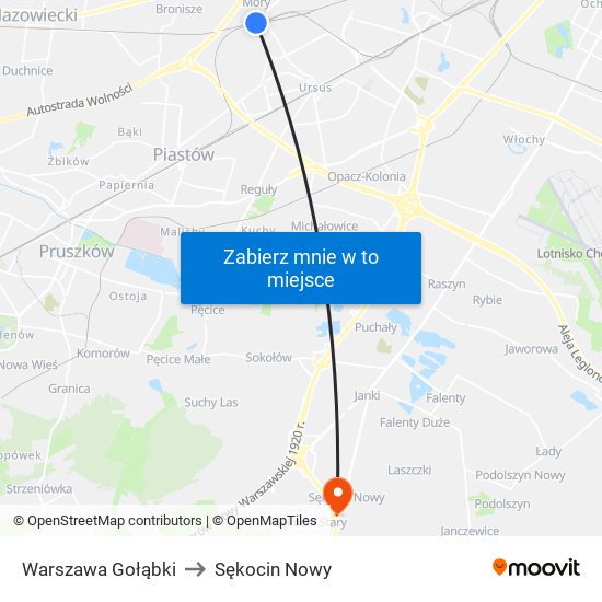 Warszawa Gołąbki to Sękocin Nowy map