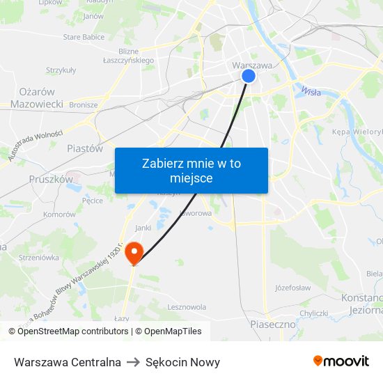 Warszawa Centralna to Sękocin Nowy map