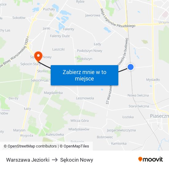 Warszawa Jeziorki to Sękocin Nowy map