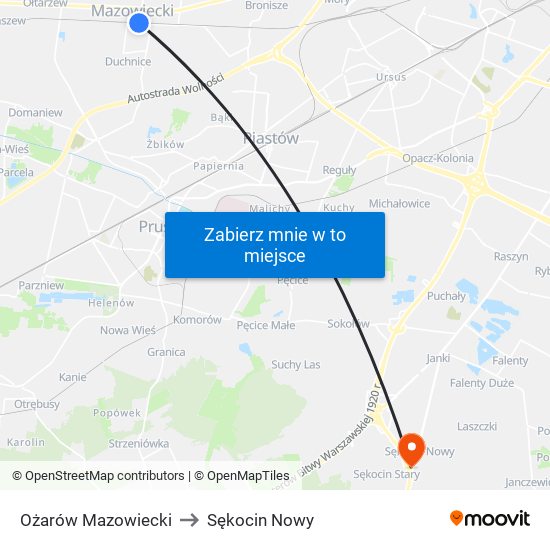 Ożarów Mazowiecki to Sękocin Nowy map