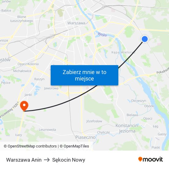 Warszawa Anin to Sękocin Nowy map