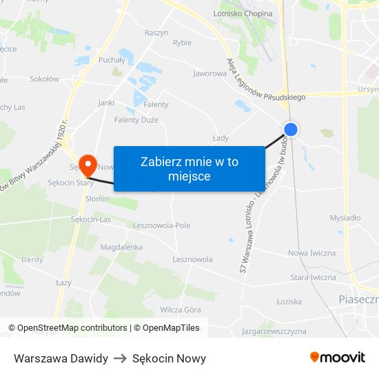 Warszawa Dawidy to Sękocin Nowy map