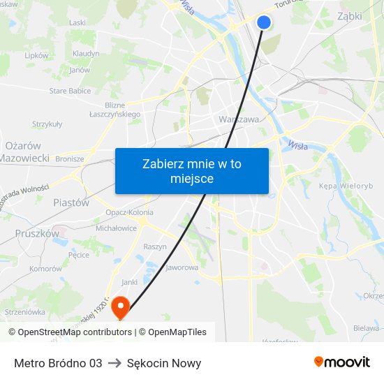 Metro Bródno to Sękocin Nowy map