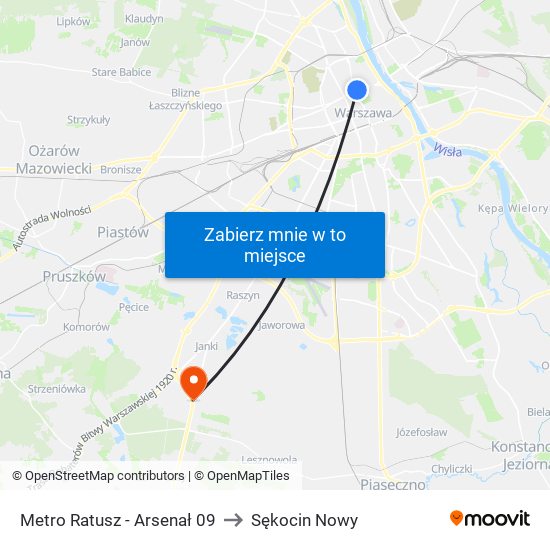 Metro Ratusz Arsenał to Sękocin Nowy map