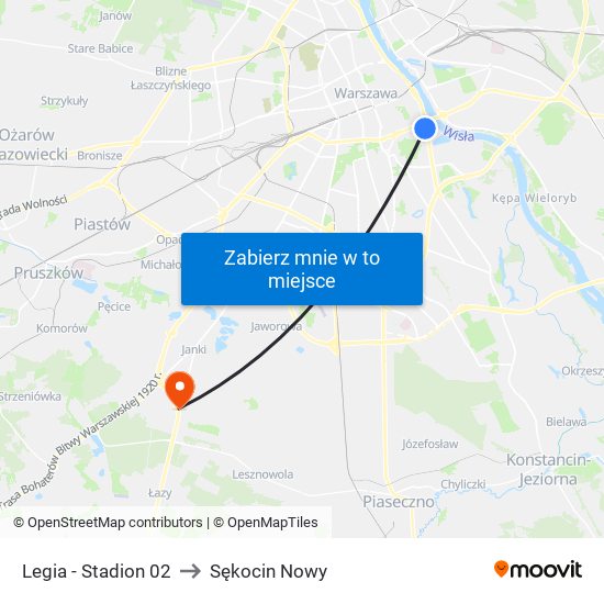 Legia-Stadion to Sękocin Nowy map