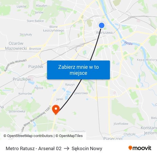 Metro Ratusz Arsenał to Sękocin Nowy map