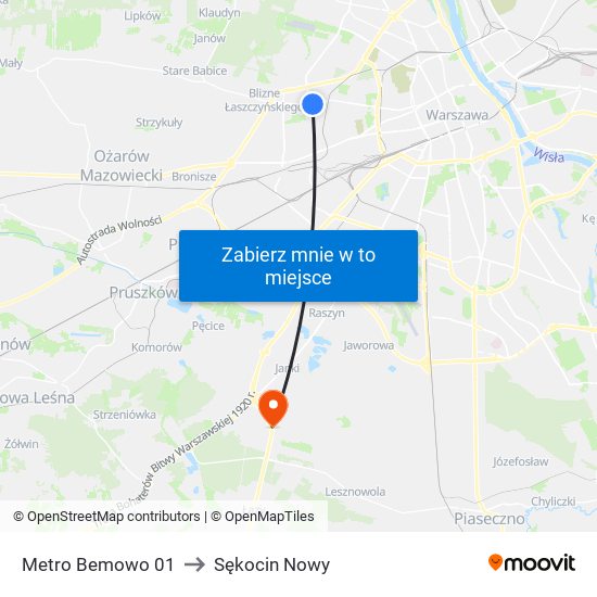 Metro Bemowo to Sękocin Nowy map