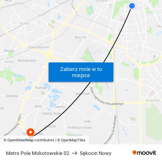 Metro Pole Mokotowskie 02 to Sękocin Nowy map