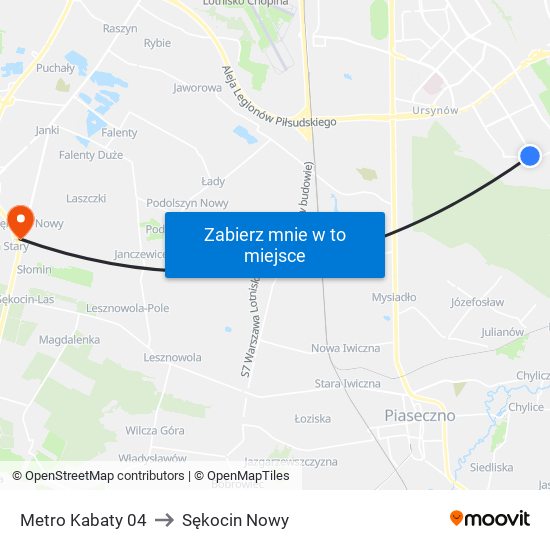 Metro Kabaty 04 to Sękocin Nowy map