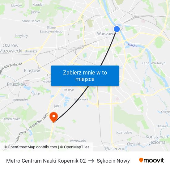 Metro Centrum Nauki Kopernik 02 to Sękocin Nowy map