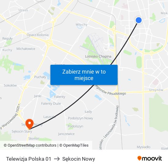 Telewizja Polska 01 to Sękocin Nowy map