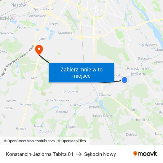 Konstancin-Jeziorna Tabita 01 to Sękocin Nowy map