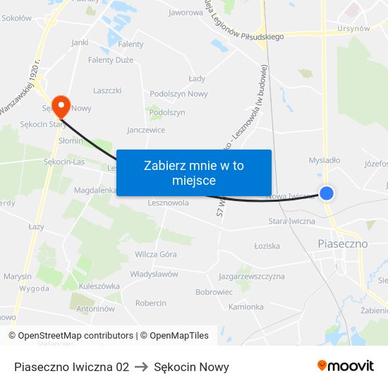 Piaseczno Iwiczna to Sękocin Nowy map