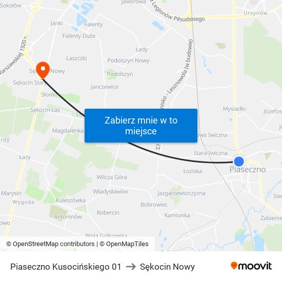 Piaseczno Kusocińskiego 01 to Sękocin Nowy map