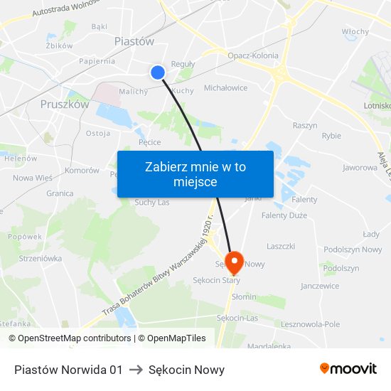 Piastów Norwida to Sękocin Nowy map