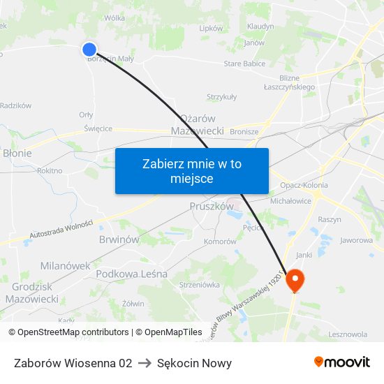 Zaborów Wiosenna 02 to Sękocin Nowy map