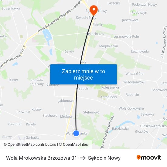 Warszawianka Brzozowa to Sękocin Nowy map