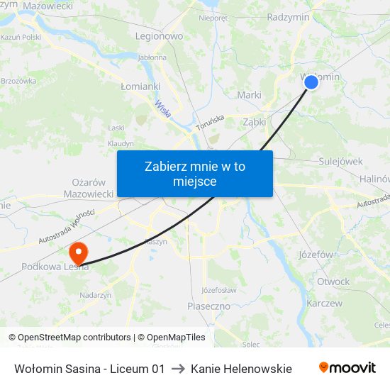 Wołomin Sasina - Liceum 01 to Kanie Helenowskie map