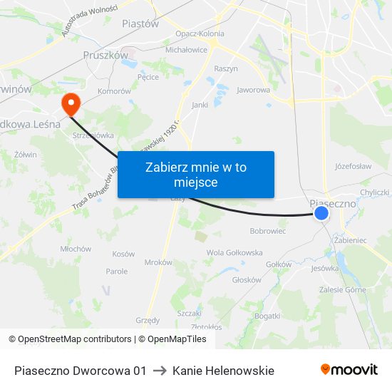 Piaseczno Dworcowa to Kanie Helenowskie map