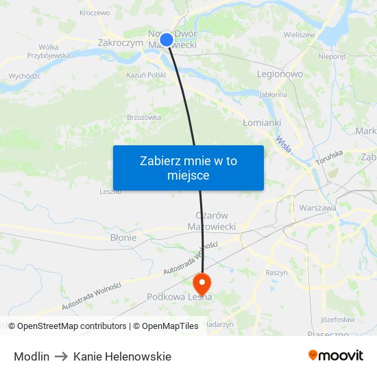 Modlin to Kanie Helenowskie map