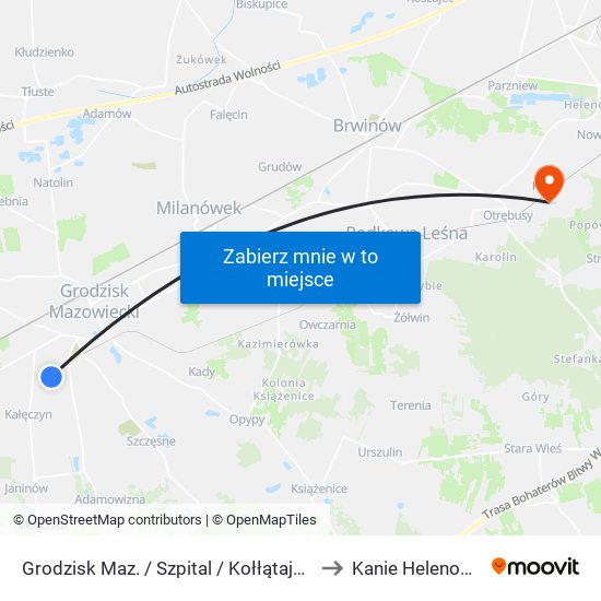 Grodzisk Maz. / Szpital / Kołłątaja 01 (Nż) to Kanie Helenowskie map