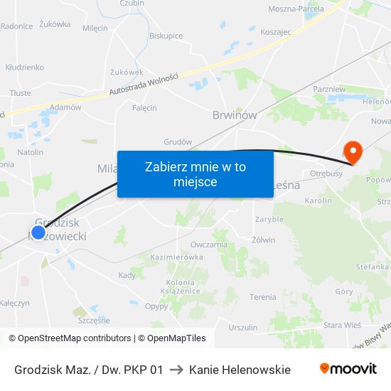 Grodzisk Maz. / Dw. PKP 01 to Kanie Helenowskie map