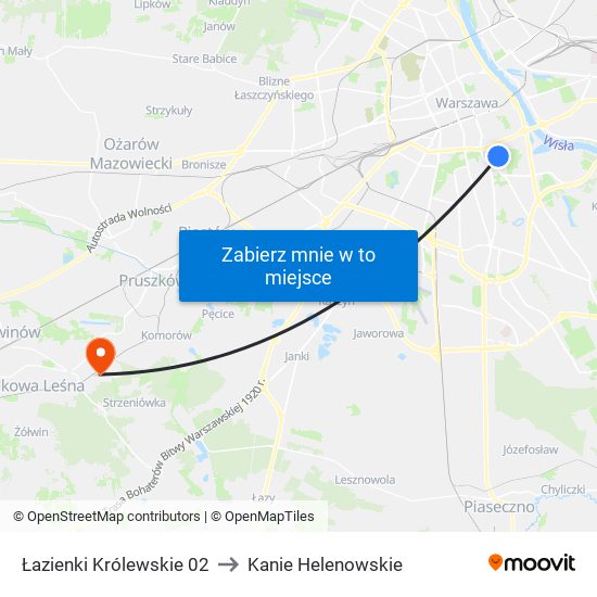 Łazienki Królewskie to Kanie Helenowskie map