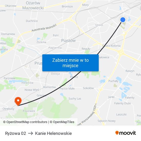 Ryżowa to Kanie Helenowskie map