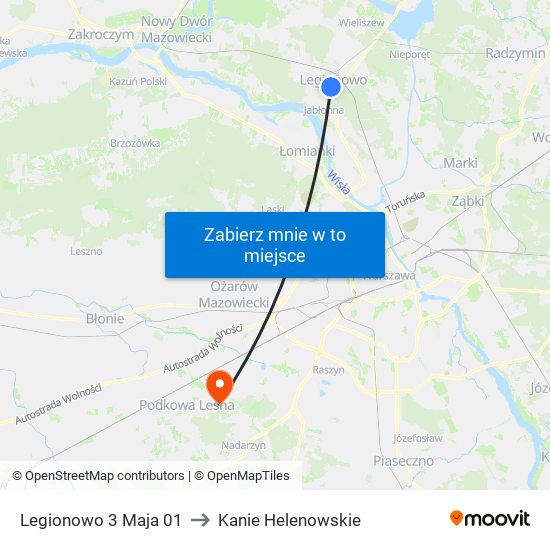 Legionowo 3 Maja to Kanie Helenowskie map