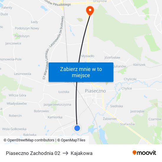 Piaseczno Zachodnia 02 to Kajakowa map