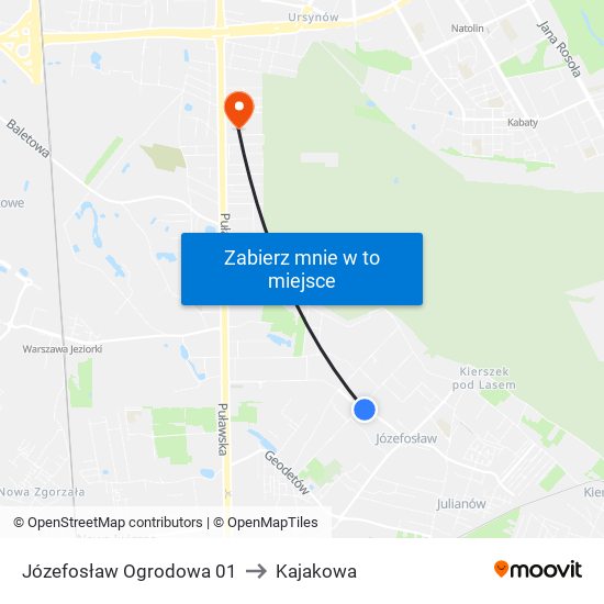 Józefosław Ogrodowa 01 to Kajakowa map