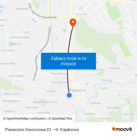 Piaseczno Dworcowa 01 to Kajakowa map