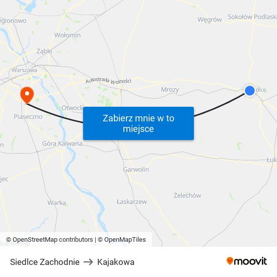 Siedlce Zachodnie to Kajakowa map