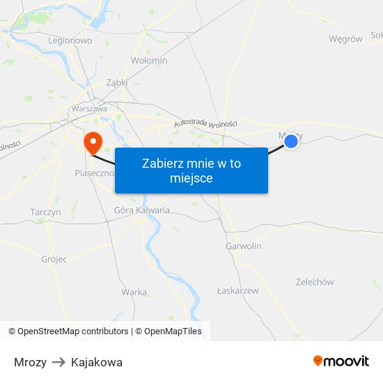 Mrozy to Kajakowa map