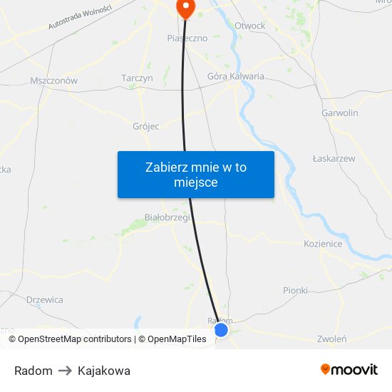 Radom to Kajakowa map