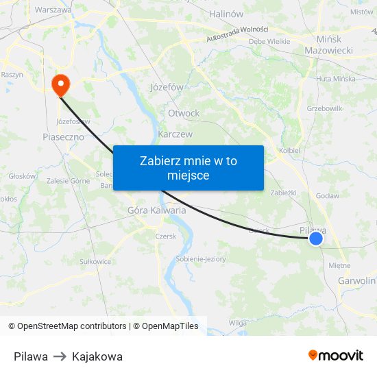 Pilawa to Kajakowa map